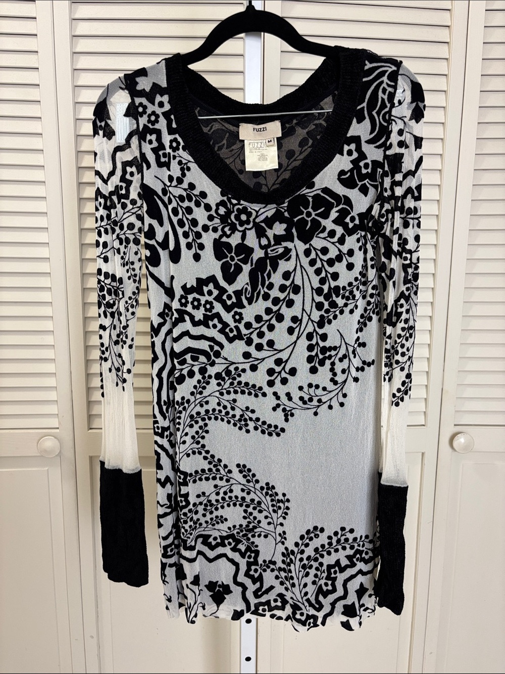 Vintage Fuzzi Black & White Floral Mesh & Velvet Long Sleeves Top Medium
